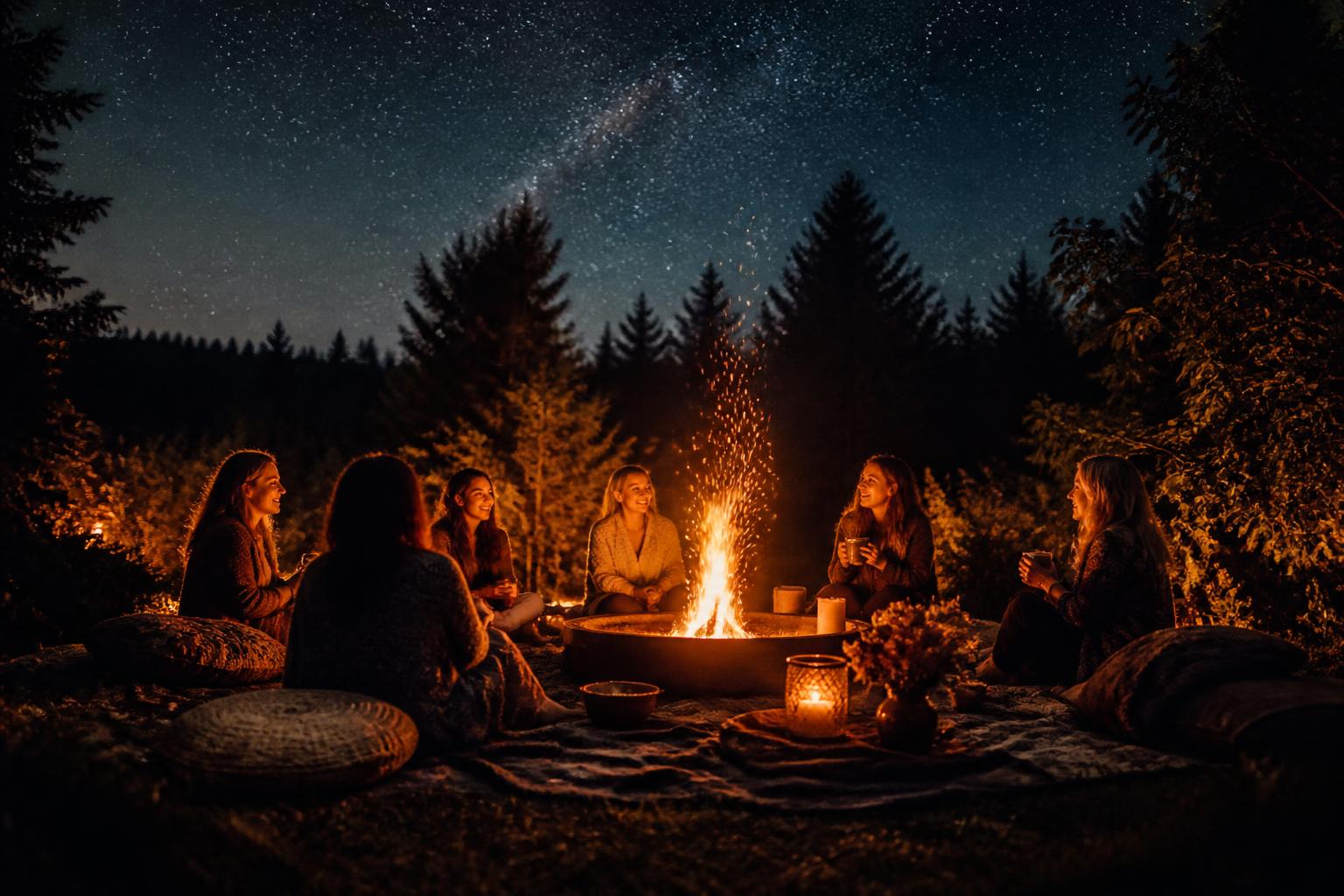 Women gathered around a fire beneath a starry sky