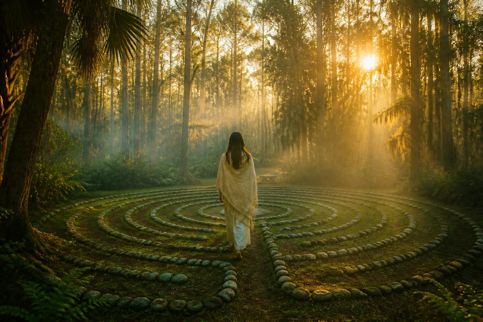 A woman walking a stone meditation labyrinth in morning mist