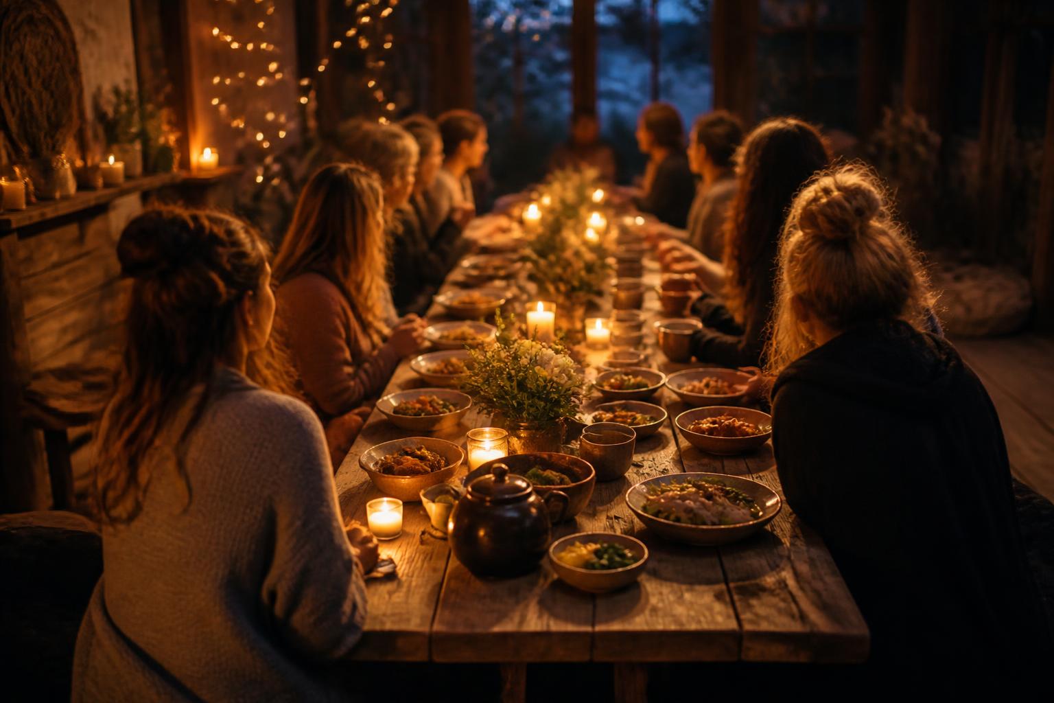 Women sharing a warm candlelit meal around a long table