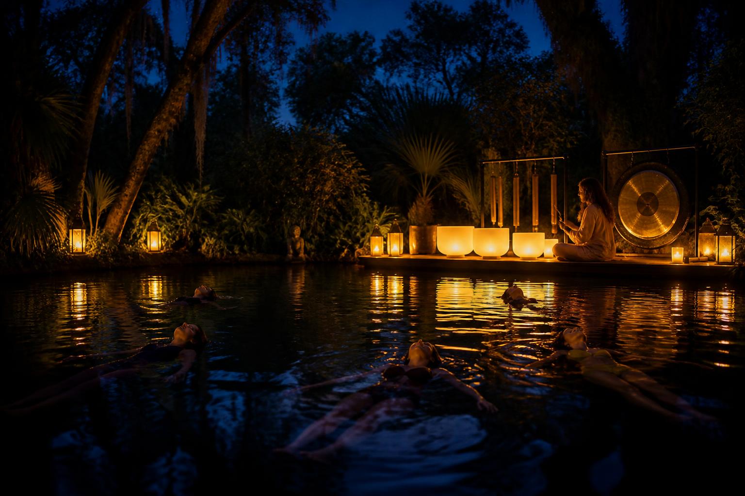 Women floating in a candlelit pool during an evening sound bath