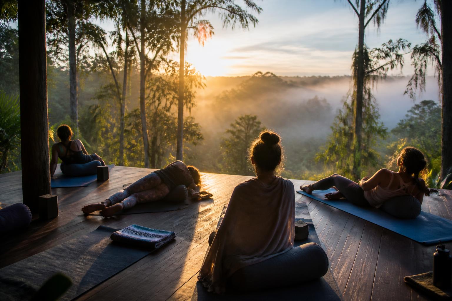 Women in restorative yoga on an open-air platform at sunrise